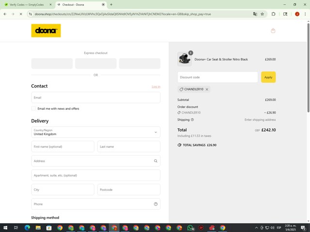 Doona Shop checkout page showing Doona Shop promo code box | Screenshot taken by SimplyCodes community member on Jun 5, 2025