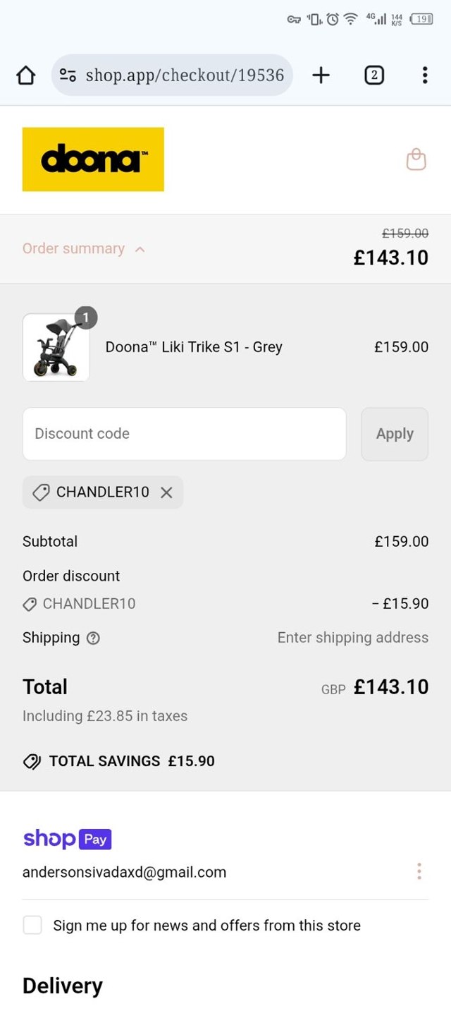 Doona Shop checkout page showing Doona Shop promo code box | Screenshot taken by SimplyCodes community member on Jun 8, 2025