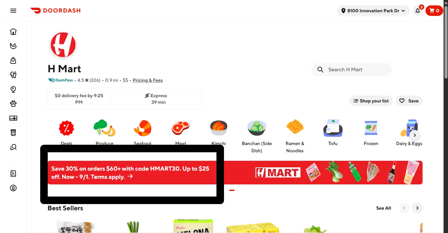 DoorDash promo code screenshot showing code HMART30 applied at DoorDash checkout page. Uploaded by SimplyCodes community member _____________________________ on Aug 15, 2025