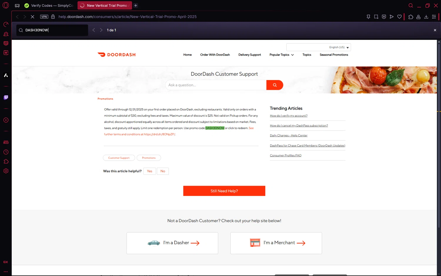 DoorDash promo code screenshot showing code DASH30NOW applied at DoorDash checkout page. Uploaded by SimplyCodes community member frijolito on Jun 25, 2025
