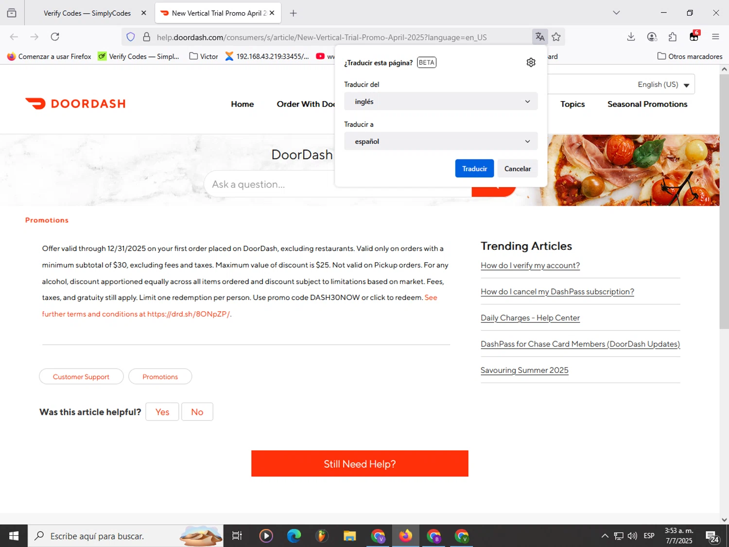 DoorDash promo code screenshot showing code DASH30NOW applied at DoorDash checkout page. Uploaded by SimplyCodes community member Garou_Y2K on Jul 7, 2025