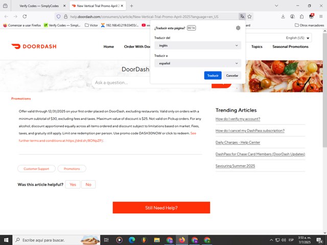 DoorDash checkout page showing DoorDash promo code box | Screenshot taken by SimplyCodes community member on Jul 7, 2025