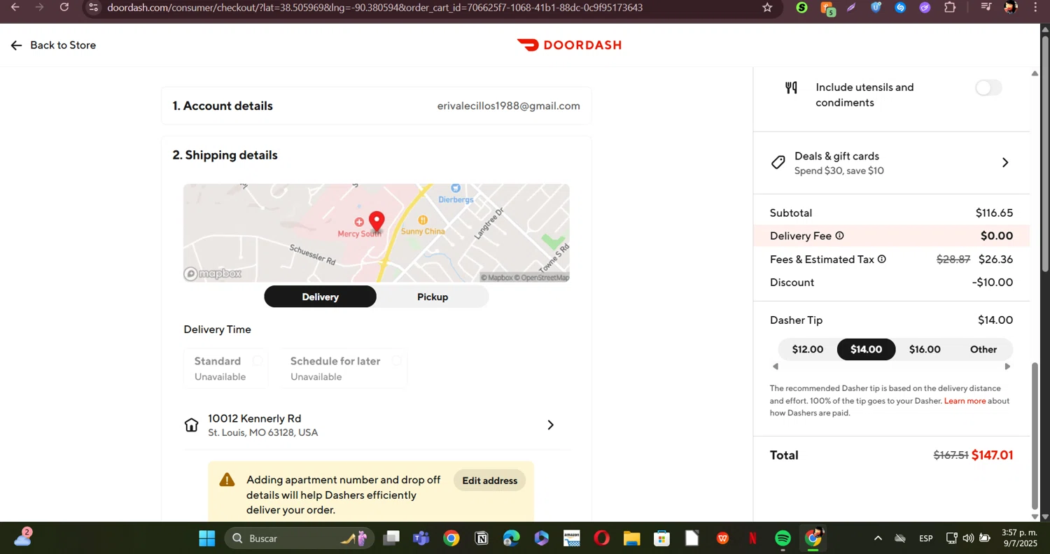 DoorDash promo code screenshot showing code ST10 applied at DoorDash checkout page. Uploaded by SimplyCodes community member ERI0810 on Jul 9, 2025