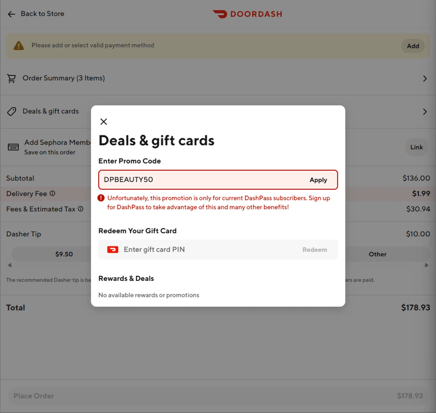 DoorDash promo code screenshot showing code DPBEAUTY50 applied at DoorDash checkout page. Uploaded by SimplyCodes community member PillarsofCreation on Jul 23, 2025