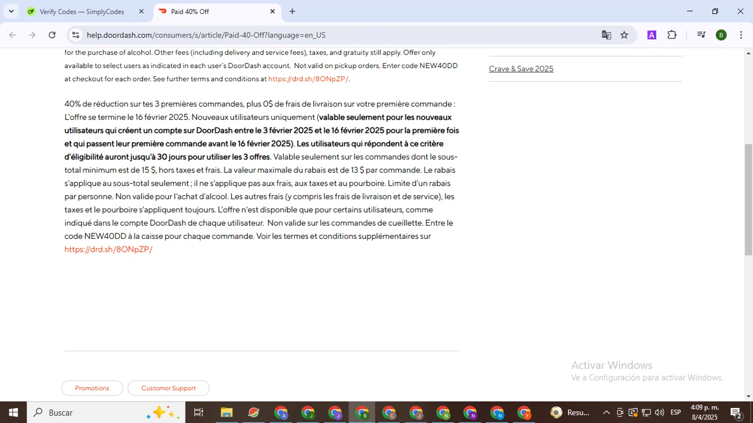 DoorDash Dasher promo code screenshot showing code NEW40DD applied at DoorDash Dasher checkout page. Uploaded by SimplyCodes community member SaleVirtuoso5993 on Apr 8, 2025