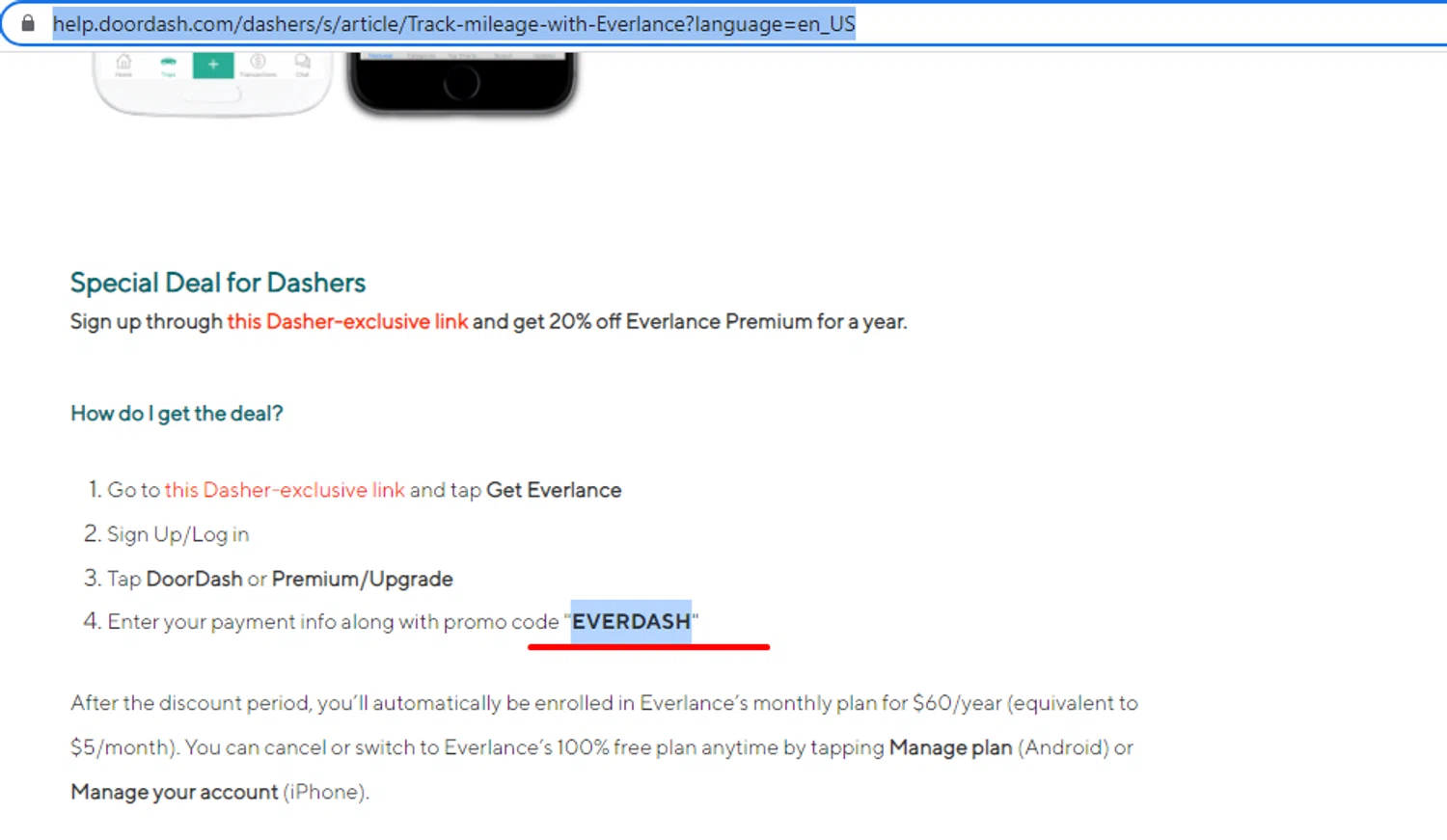 DoorDash Dasher promo code screenshot showing code EVERDASH applied at DoorDash Dasher checkout page. Uploaded by SimplyCodes community member RonaldAcunaJr on Jan 12, 2026