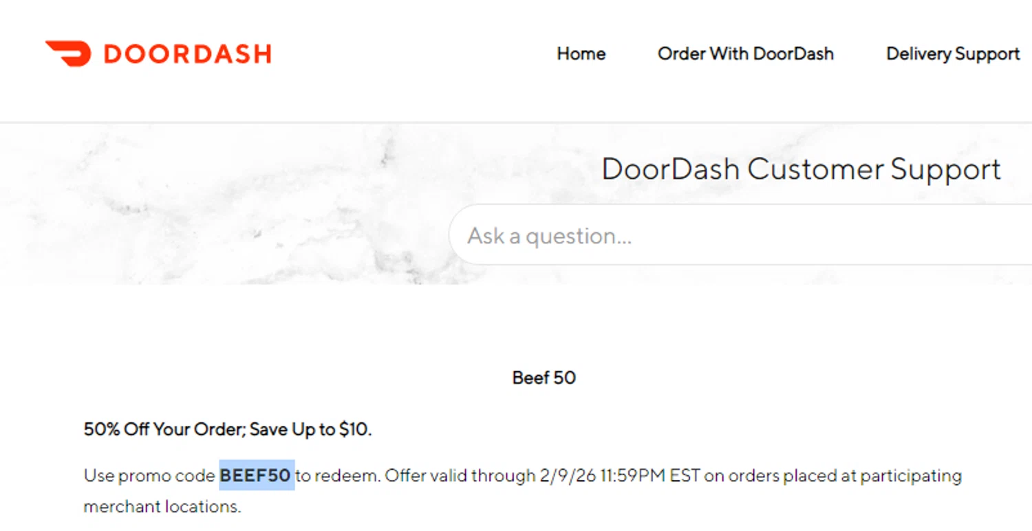 DoorDash Dasher promo code screenshot showing code BEEF50 applied at DoorDash Dasher checkout page. Uploaded by SimplyCodes community member RonaldAcunaJr on Feb 16, 2026