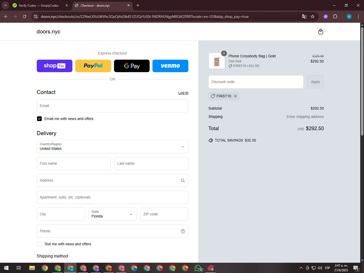 DOORS. promo code screenshot showing code FIRST10 applied at DOORS. checkout page. Uploaded by SimplyCodes community member GloriousTiger3507 on Jun 21, 2025