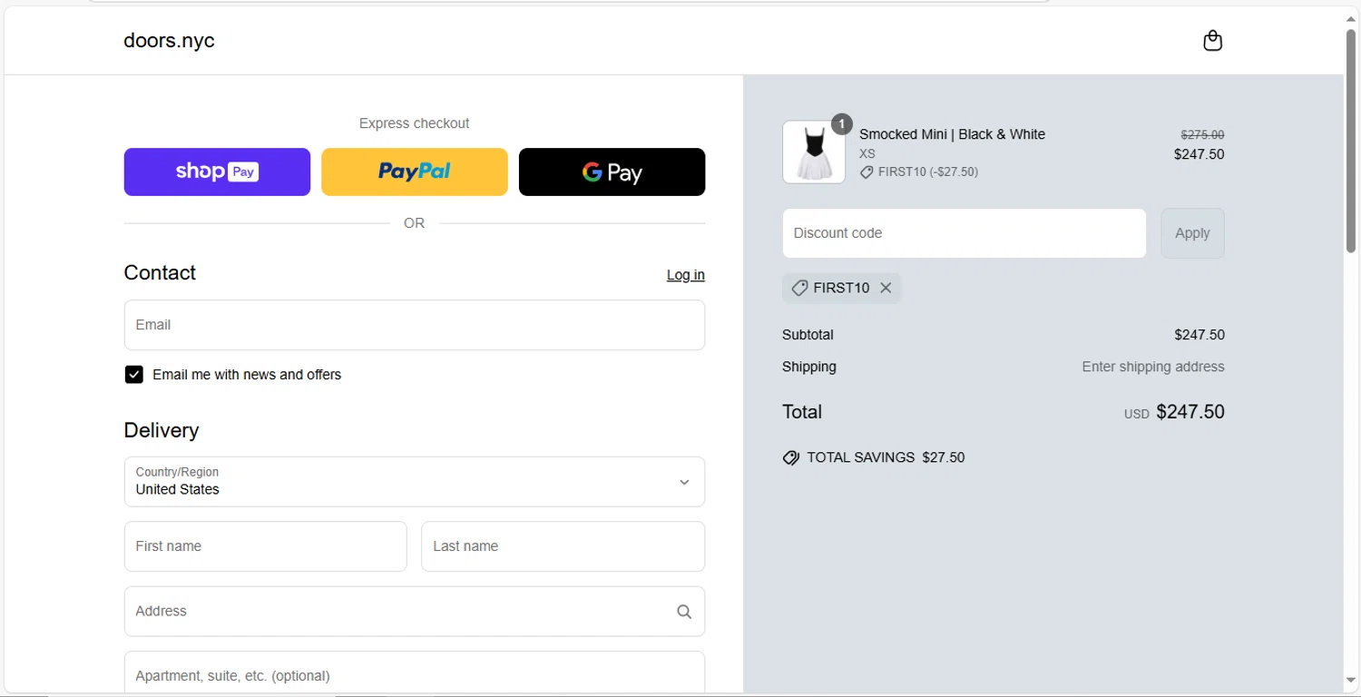 DOORS. promo code screenshot showing code FIRST10 applied at DOORS. checkout page. Uploaded by SimplyCodes community member MagnificentVirtuoso8433 on Jun 18, 2025