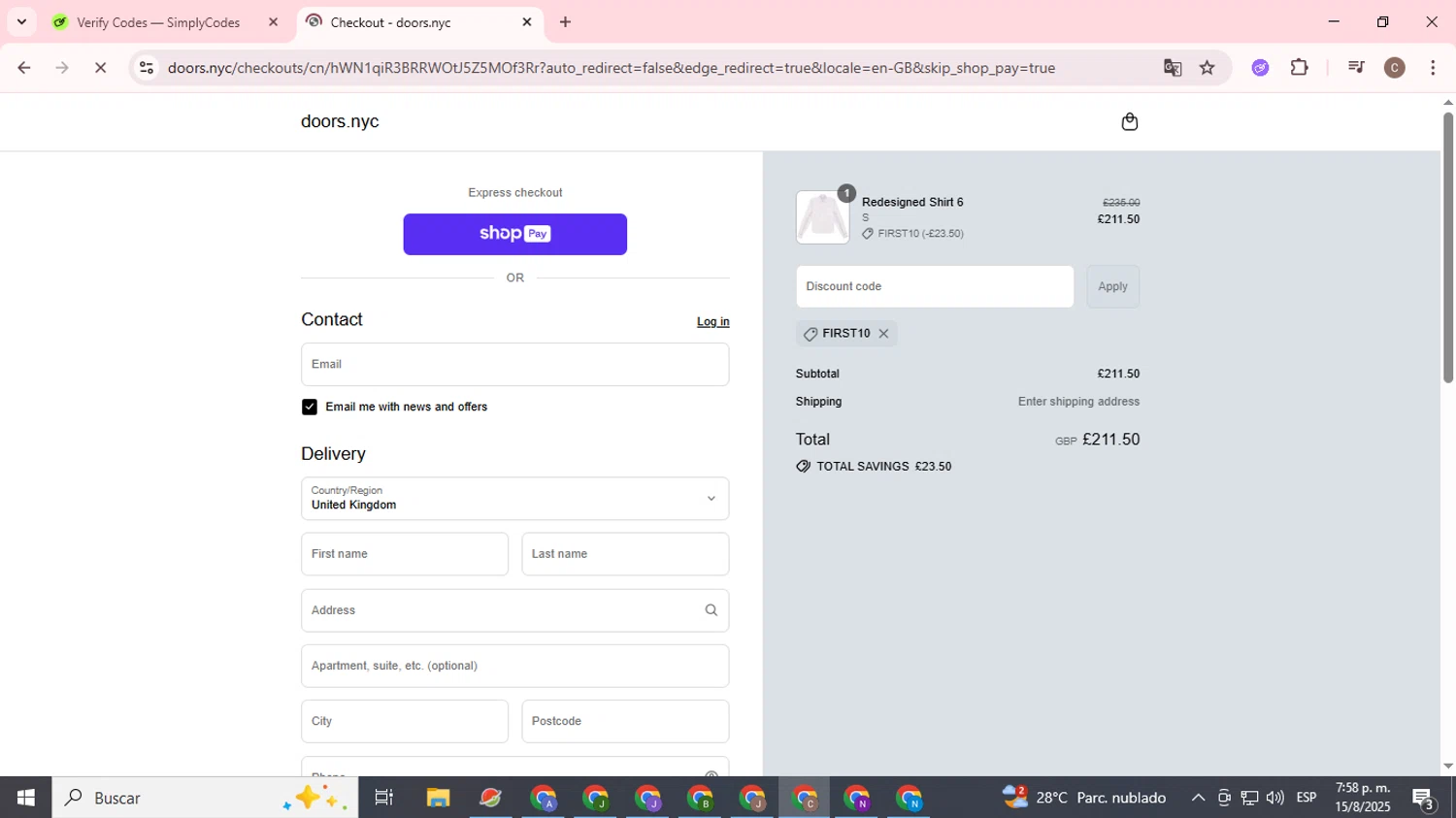 DOORS. promo code screenshot showing code FIRST10 applied at DOORS. checkout page. Uploaded by SimplyCodes community member eliholuiscampos1 on Aug 16, 2025
