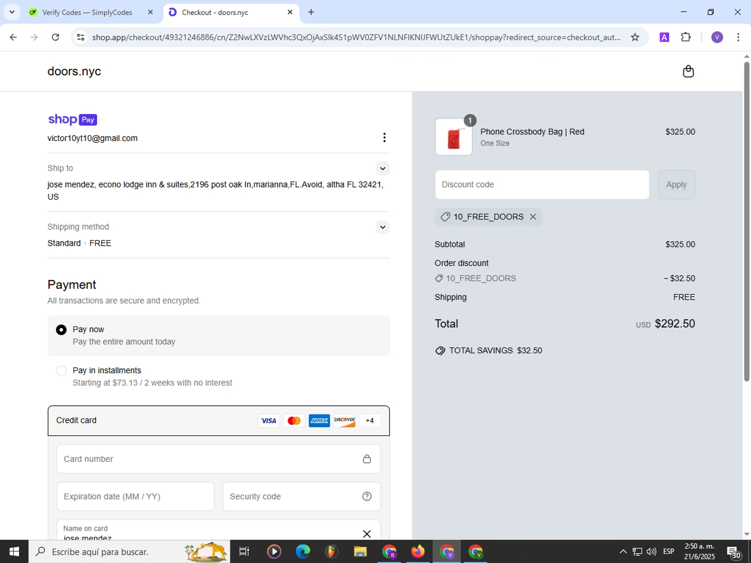 DOORS. promo code screenshot showing code 10_FREE_DOORS applied at DOORS. checkout page. Uploaded by SimplyCodes community member Satoru_gojo on Jun 21, 2025