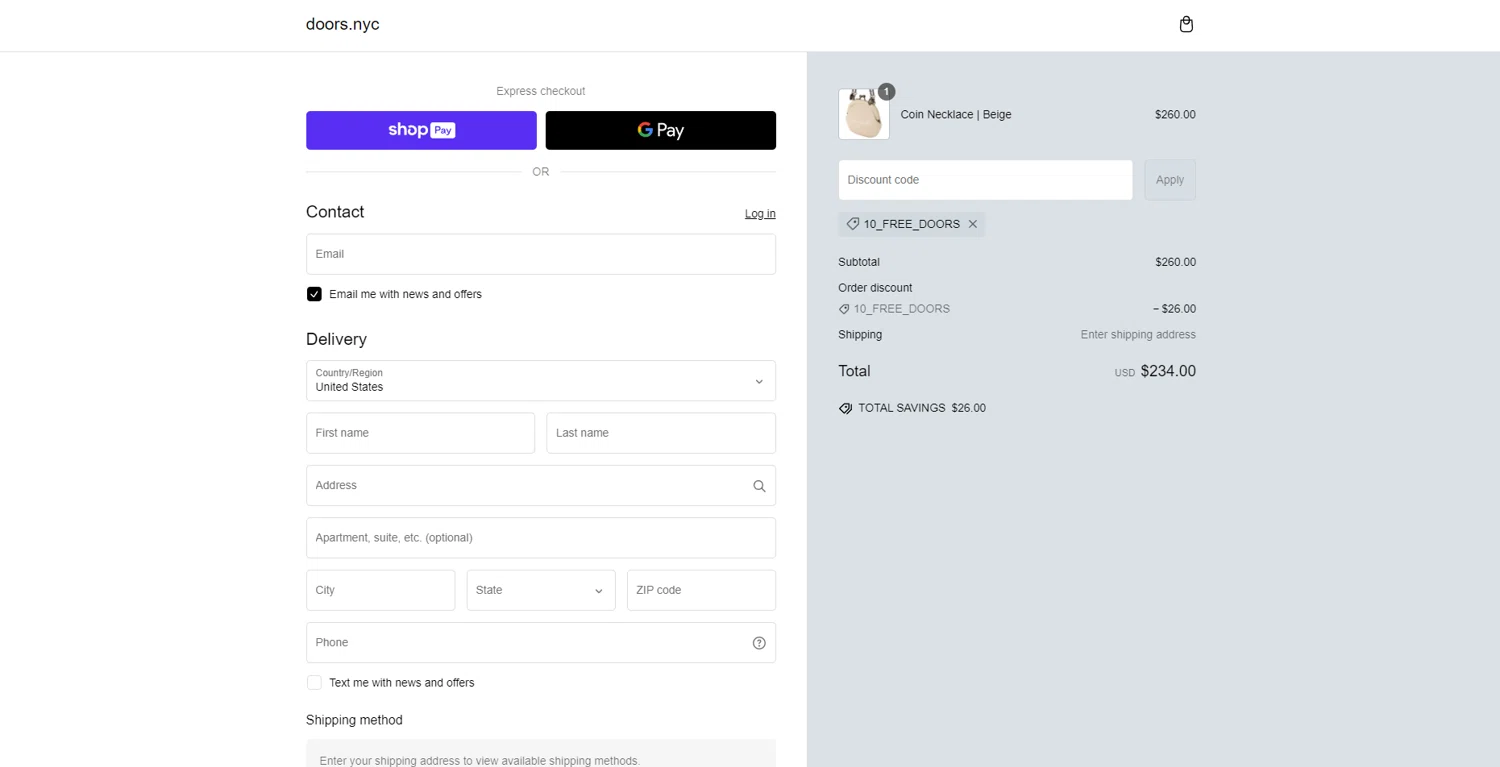 DOORS. promo code screenshot showing code 10_FREE_DOORS applied at DOORS. checkout page. Uploaded by SimplyCodes community member ThriftyScout2507 on Feb 15, 2025