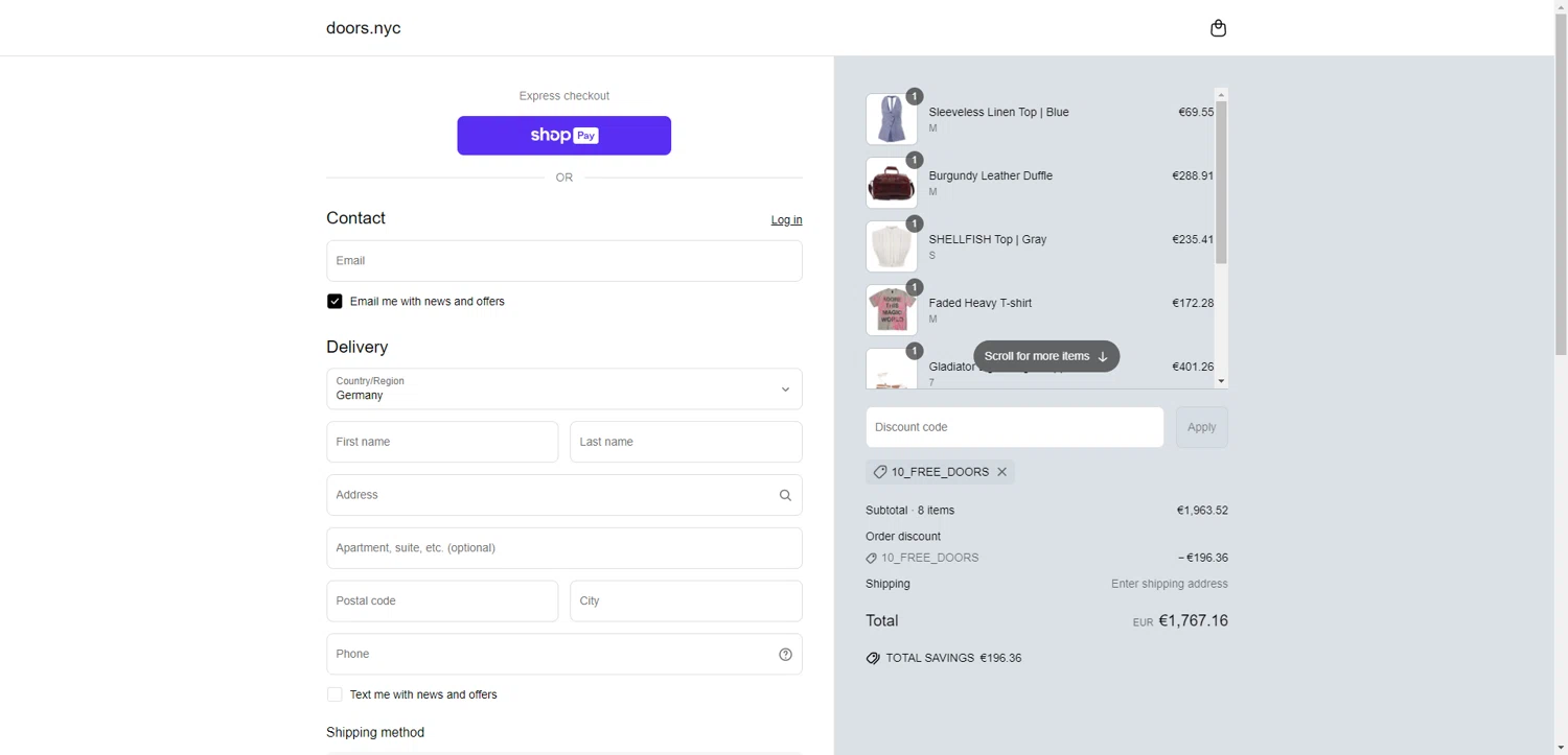 DOORS. promo code screenshot showing code 10_FREE_DOORS applied at DOORS. checkout page. Uploaded by SimplyCodes community member ThriftyPhoenix5129 on Jun 11, 2025