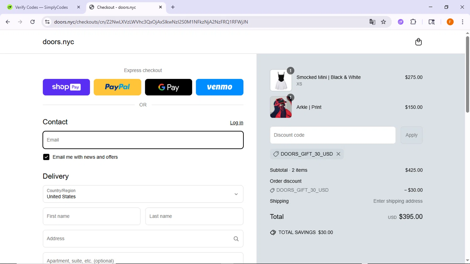 DOORS. promo code screenshot showing code DOORS_GIFT_30_USD applied at DOORS. checkout page. Uploaded by SimplyCodes community member TreasureSleuth5198 on Jun 18, 2025