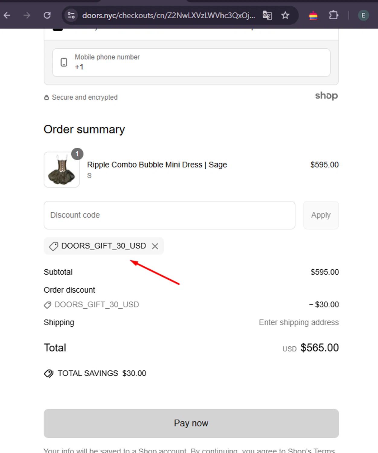 DOORS. promo code screenshot showing code DOORS_GIFT_30_USD applied at DOORS. checkout page. Uploaded by SimplyCodes community member MoneySage8222 on May 1, 2025