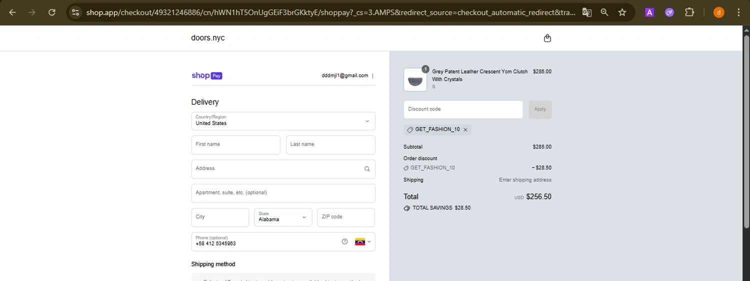 DOORS. promo code screenshot showing code GET_FASHION_10 applied at DOORS. checkout page. Uploaded by SimplyCodes community member PennyAdmiral6960 on Aug 12, 2025
