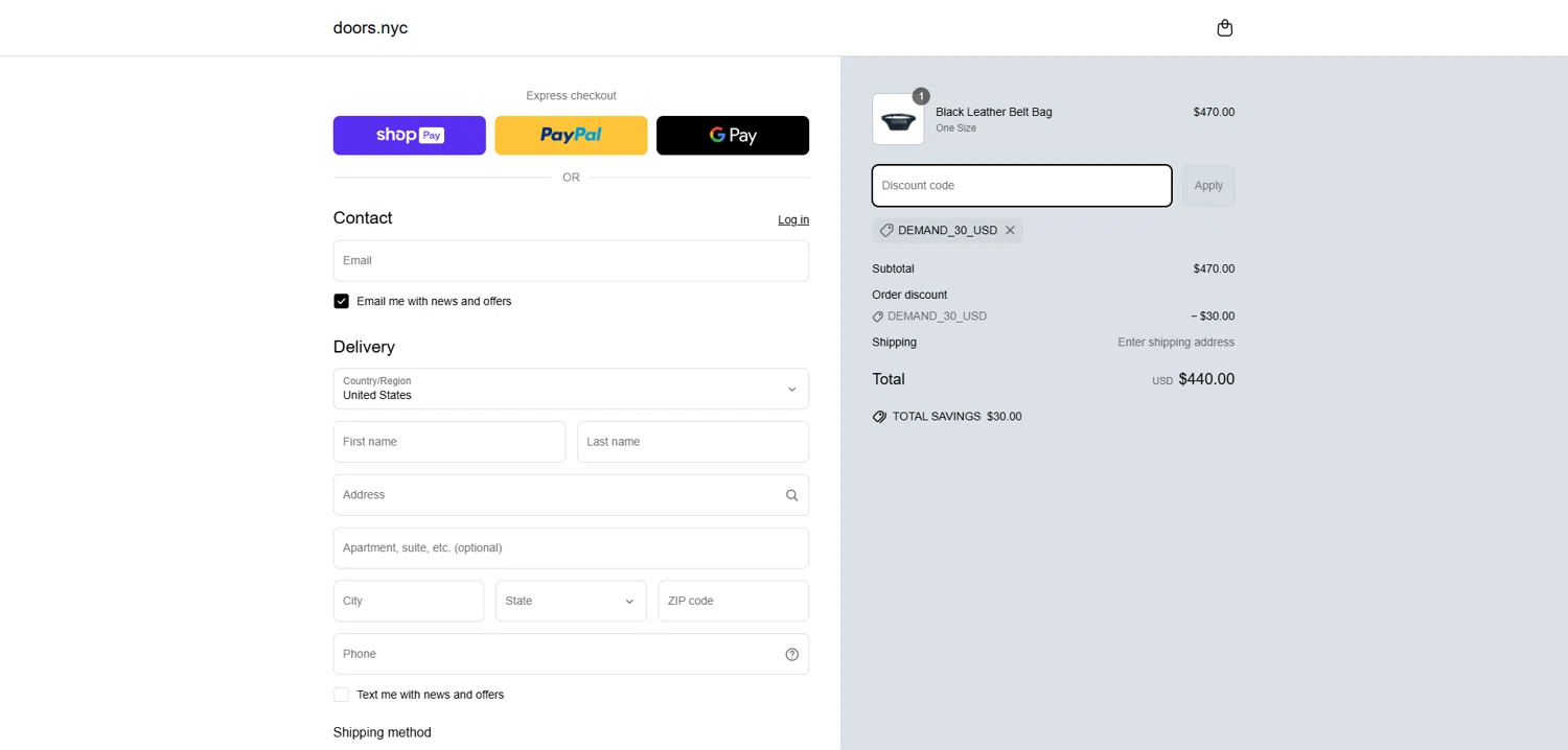 DOORS. promo code screenshot showing code DEMAND_30_USD applied at DOORS. checkout page. Uploaded by SimplyCodes community member Dorothy on Mar 22, 2025