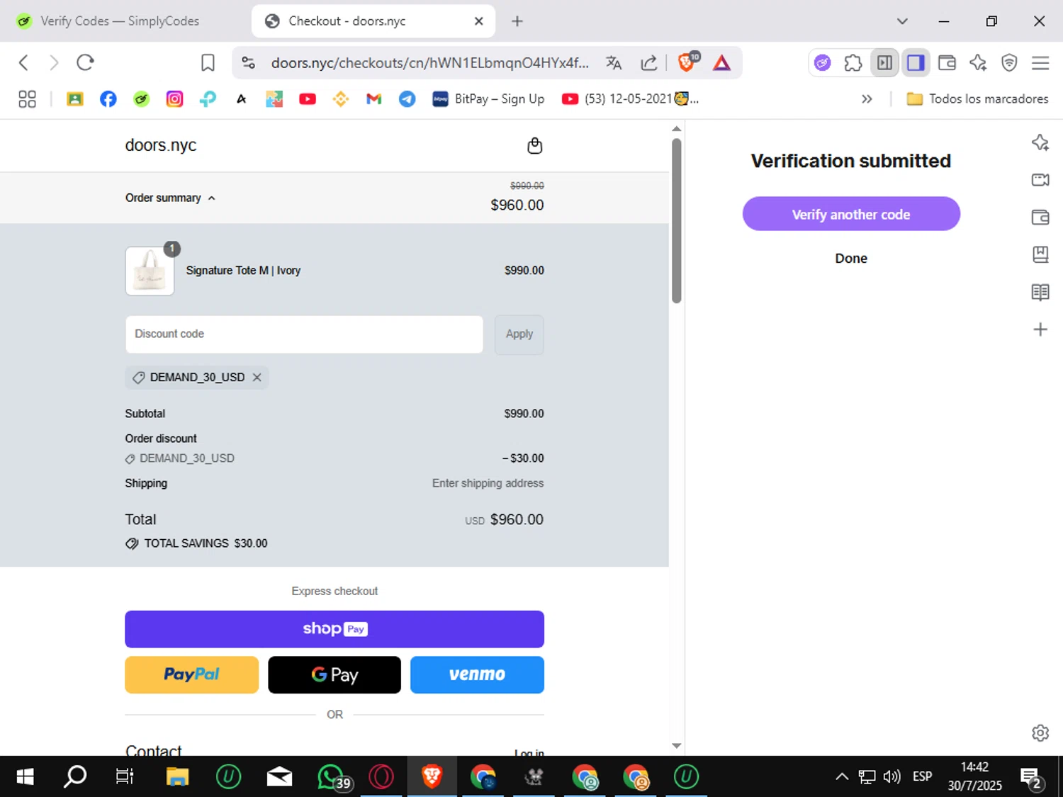 DOORS. promo code screenshot showing code DEMAND_30_USD applied at DOORS. checkout page. Uploaded by SimplyCodes community member Sungjinwoo on Jul 30, 2025