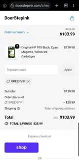 GREENVIP coupon verification screenshot