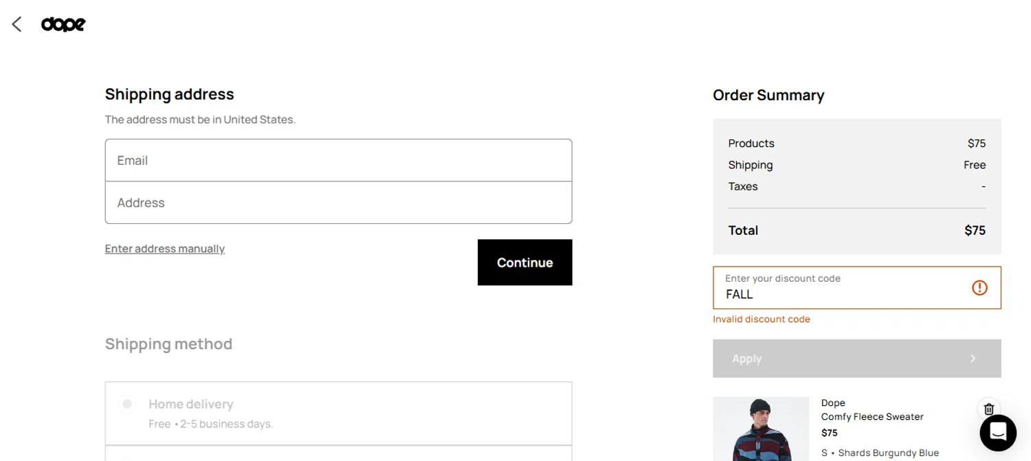 Dope Snow discount code screenshot showing code FALL applied at Dope Snow checkout page. Uploaded by SimplyCodes community member Eduard on Apr 6, 2025