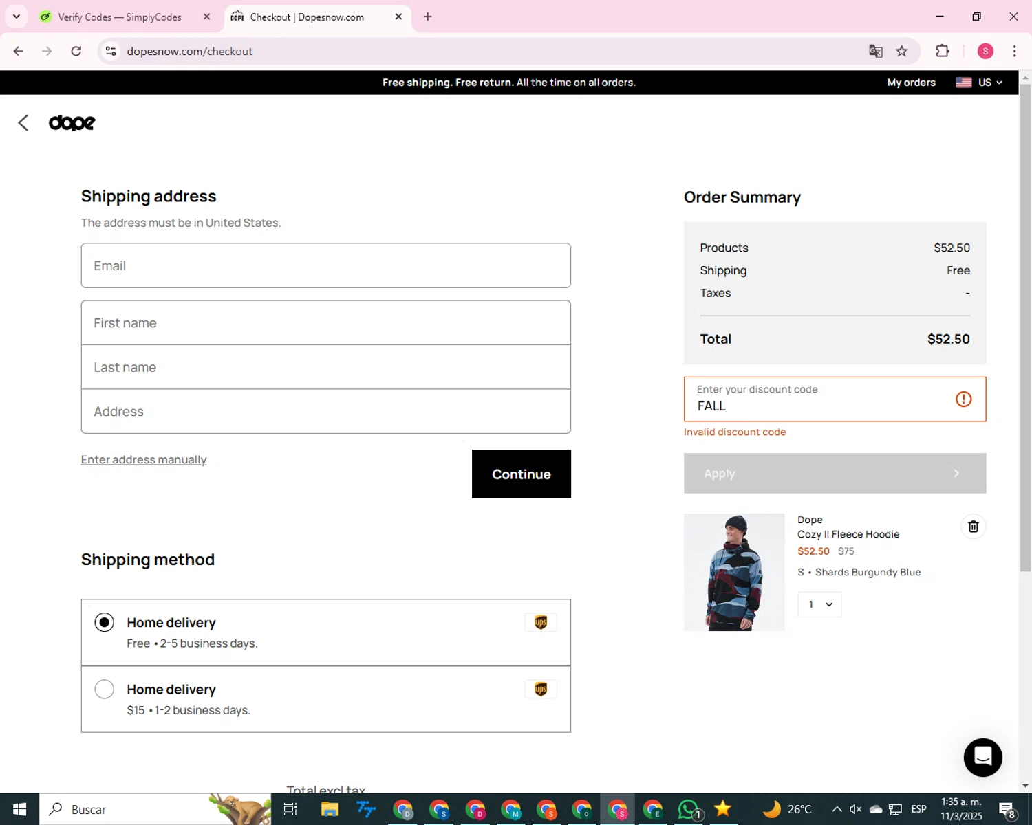 Dope Snow discount code screenshot showing code FALL applied at Dope Snow checkout page. Uploaded by SimplyCodes community member QuestHunter6203 on Mar 11, 2025