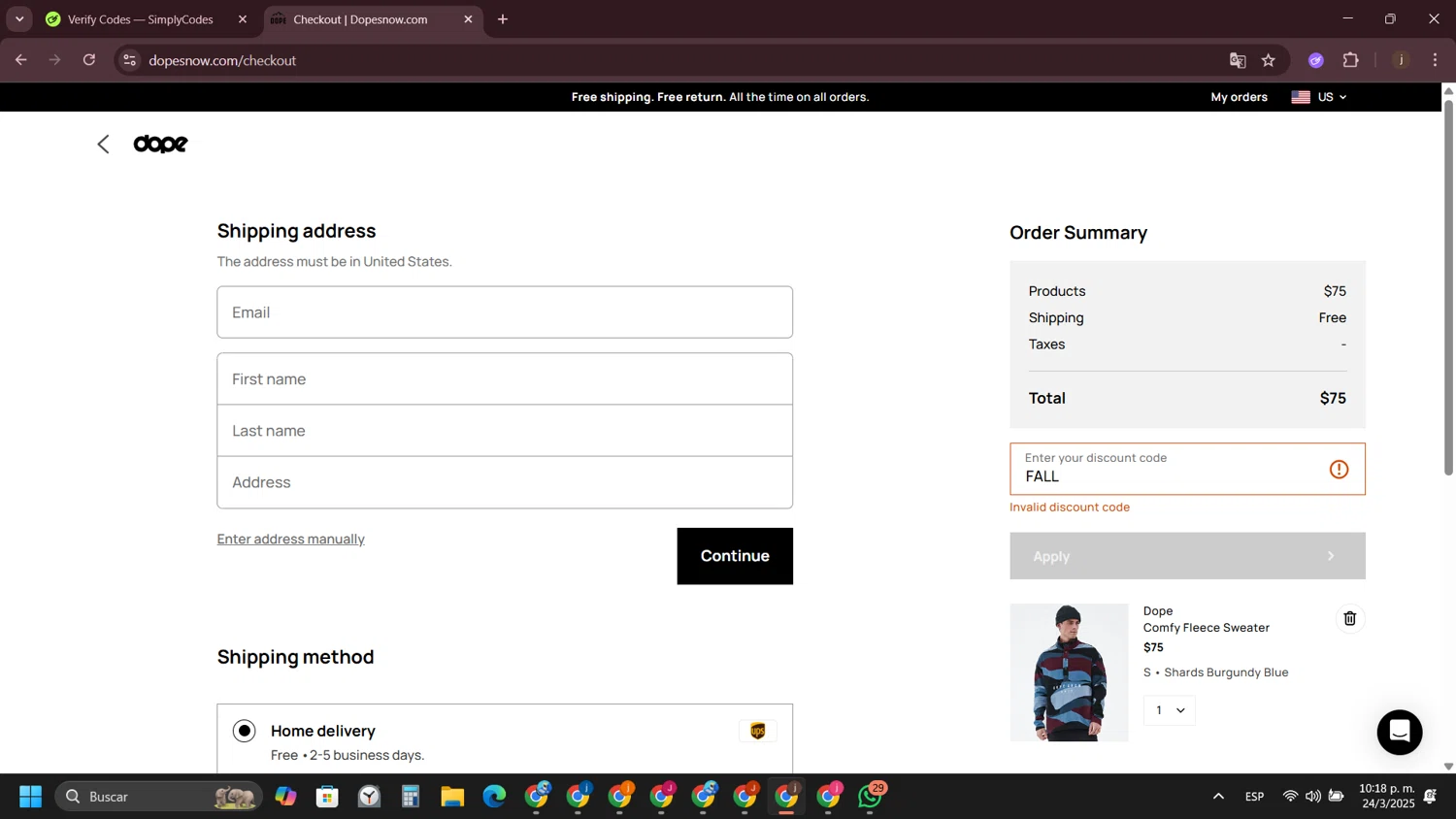 Dope Snow discount code screenshot showing code FALL applied at Dope Snow checkout page. Uploaded by SimplyCodes community member VictoriousVirtuoso7711 on Mar 25, 2025