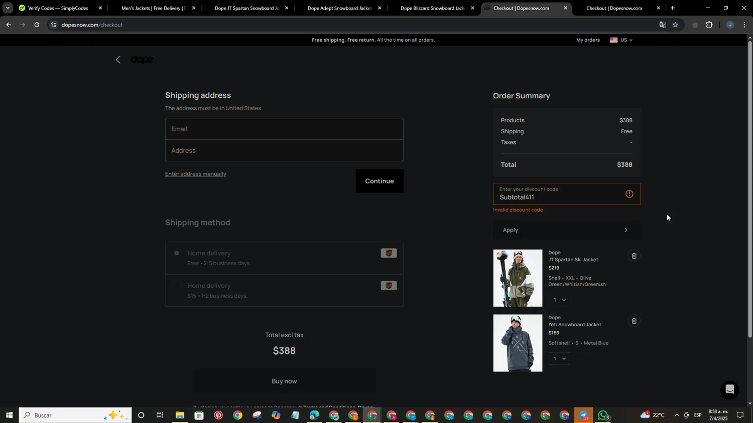 Dope Snow discount code screenshot showing code Subtotal411 applied at Dope Snow checkout page. Uploaded by SimplyCodes community member BrilliantFox6031 on Apr 7, 2025