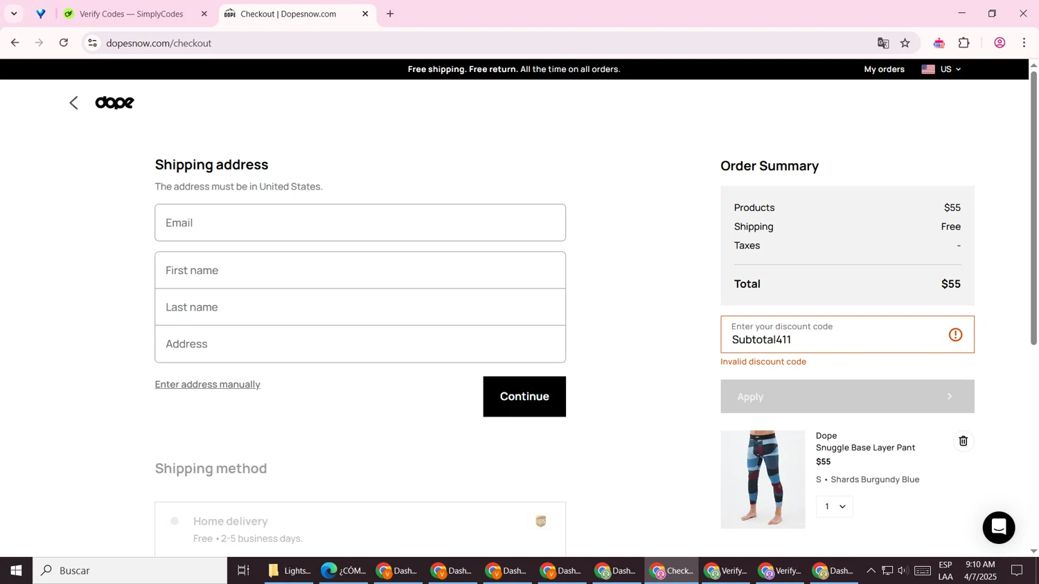 Dope Snow discount code screenshot showing code Subtotal411 applied at Dope Snow checkout page. Uploaded by SimplyCodes community member CashNavigator4063 on Apr 7, 2025