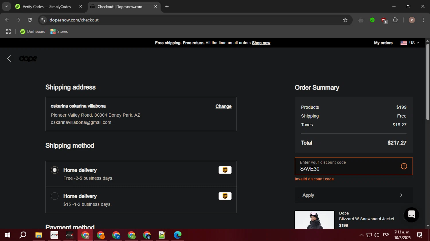 Dope Snow discount code screenshot showing code SAVE30 applied at Dope Snow checkout page. Uploaded by SimplyCodes community member PrimeTiger1163 on Mar 10, 2025