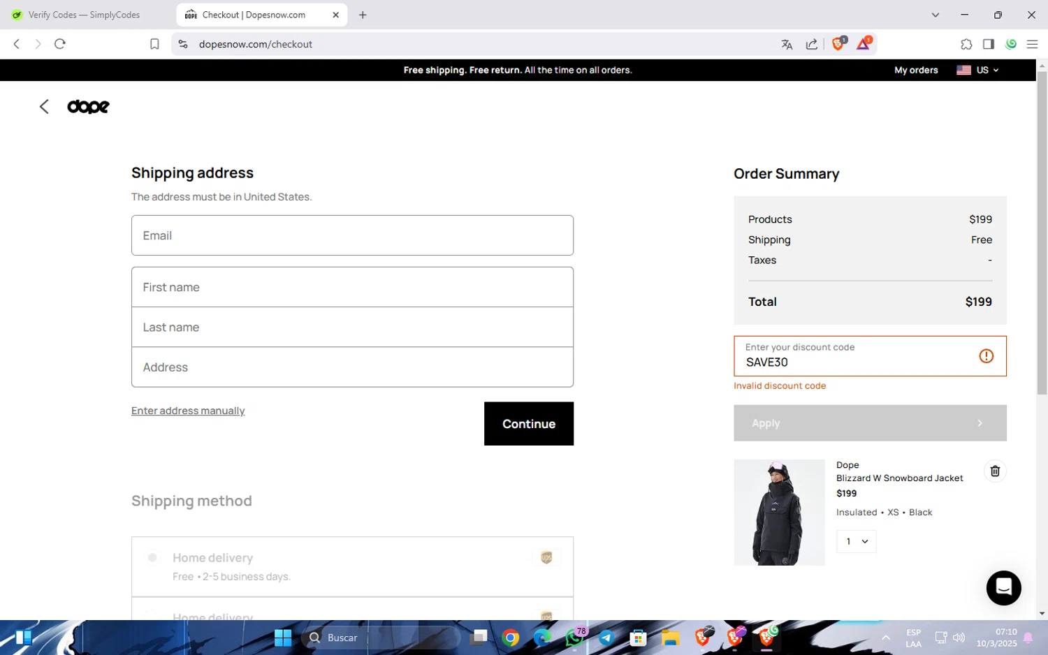 Dope Snow discount code screenshot showing code SAVE30 applied at Dope Snow checkout page. Uploaded by SimplyCodes community member Widopalacios on Mar 10, 2025