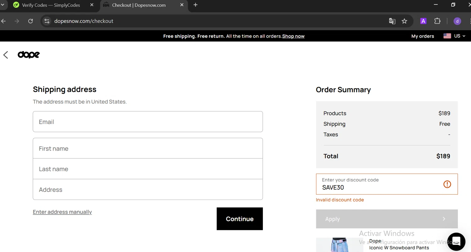 Dope Snow discount code screenshot showing code SAVE30 applied at Dope Snow checkout page. Uploaded by SimplyCodes community member CoinOwl5103 on Feb 28, 2025