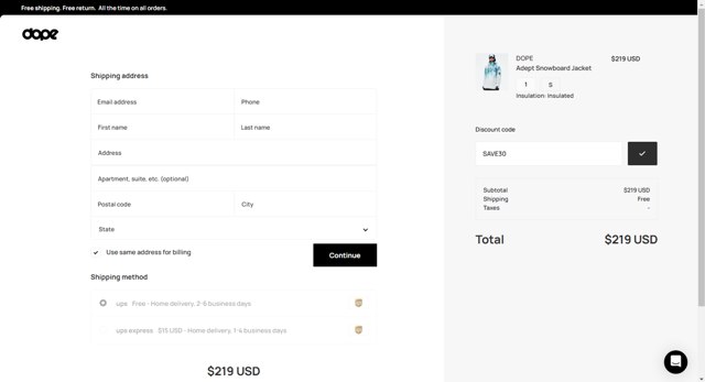 Dope Snow checkout page showing Dope Snow discount code box | Screenshot taken by SimplyCodes community member on Nov 19, 2024