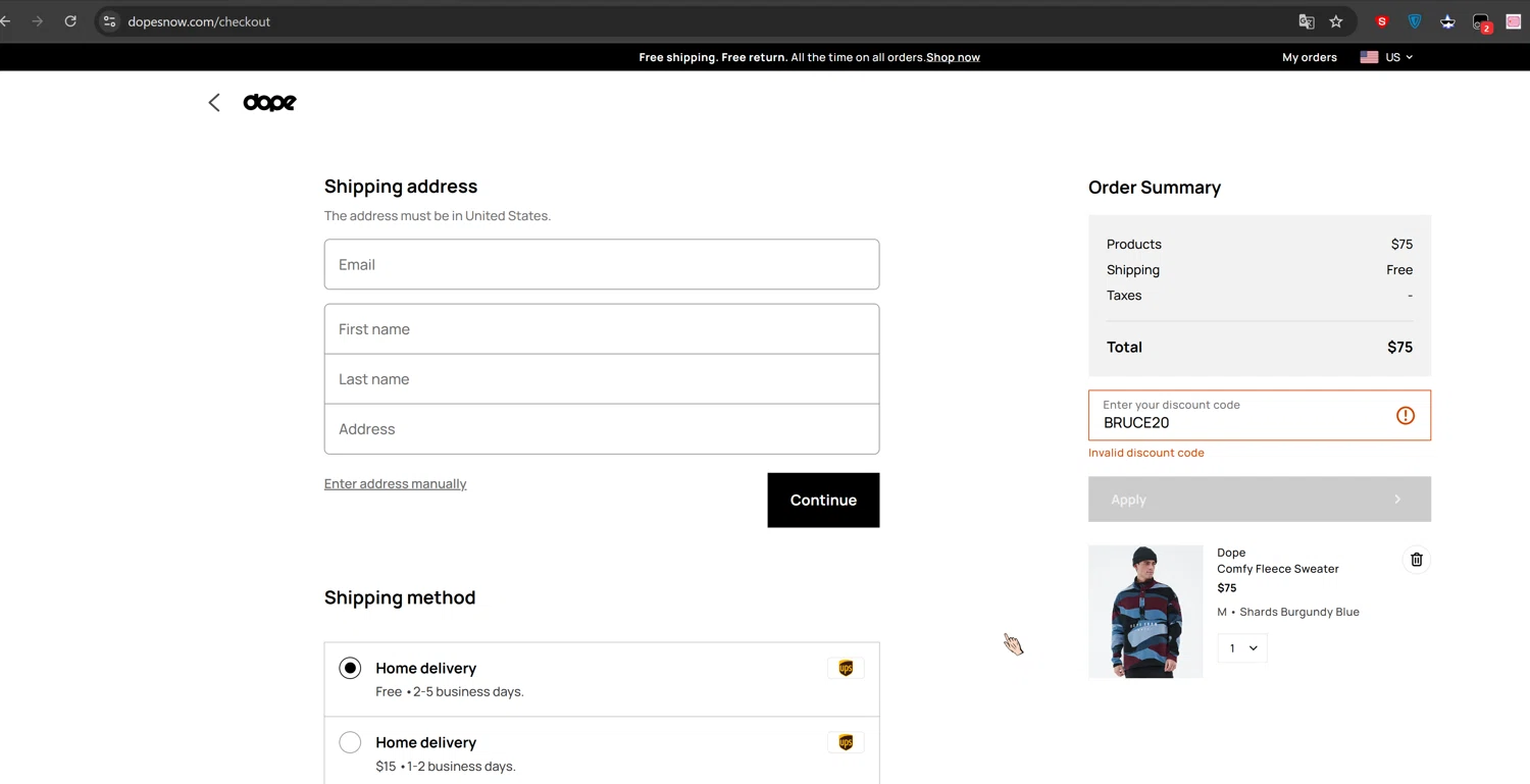 Dope Snow discount code screenshot showing code BRUCE20 applied at Dope Snow checkout page. Uploaded by SimplyCodes community member Cbombis on Apr 7, 2025