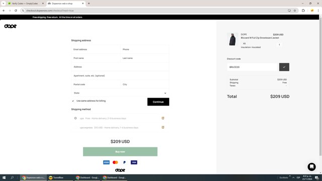 Dope Snow checkout page showing Dope Snow discount code box | Screenshot taken by SimplyCodes community member on Nov 23, 2024