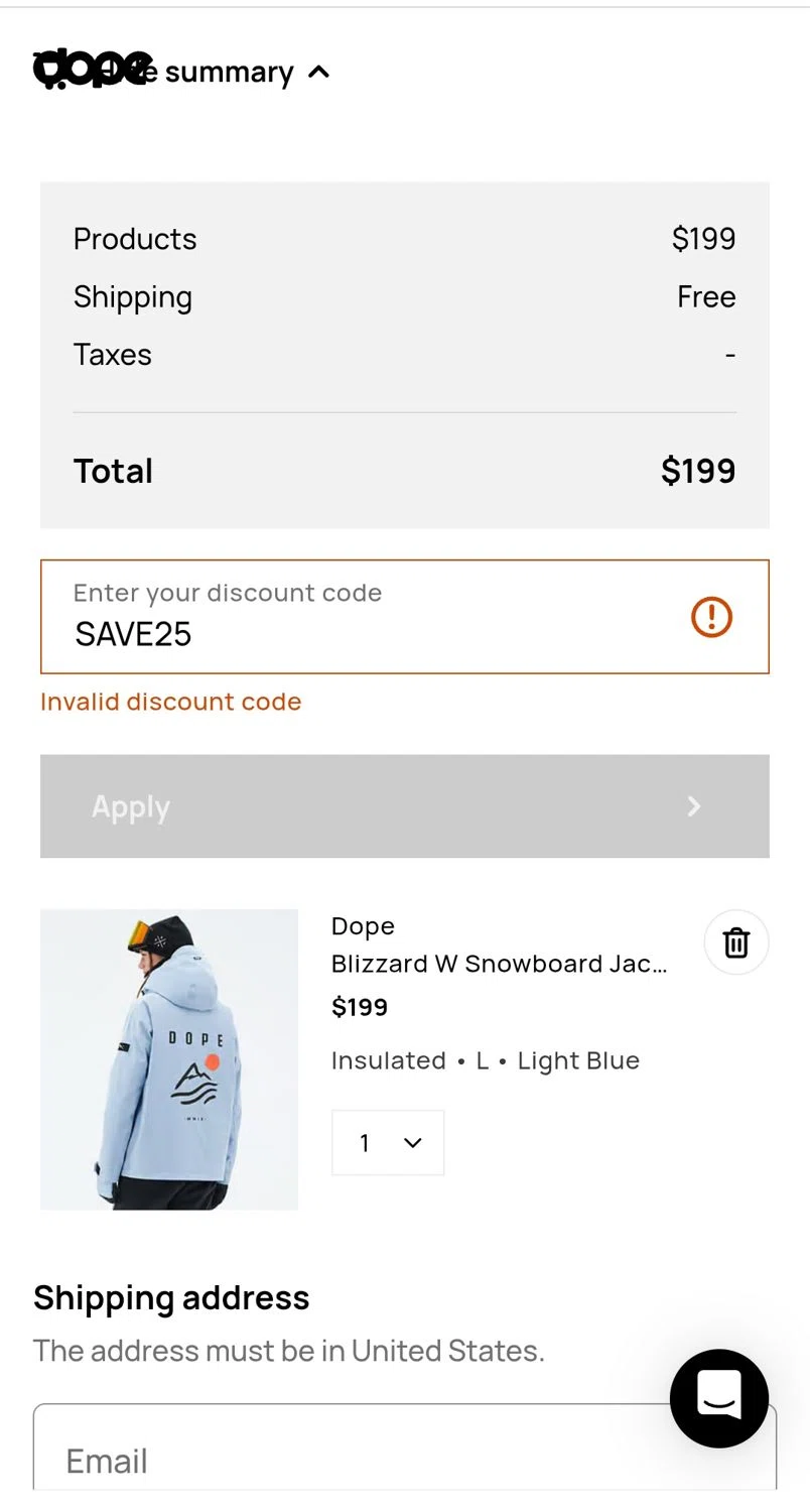 Dope Snow discount code screenshot showing code SAVE25 applied at Dope Snow checkout page. Uploaded by SimplyCodes community member Yuskecoder426913 on Apr 7, 2025