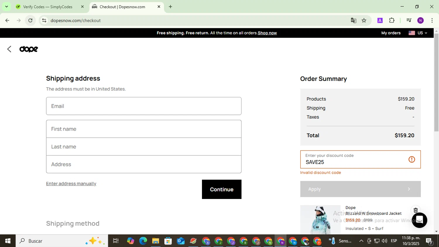 Dope Snow discount code screenshot showing code SAVE25 applied at Dope Snow checkout page. Uploaded by SimplyCodes community member QuestOwl9632 on Mar 11, 2025