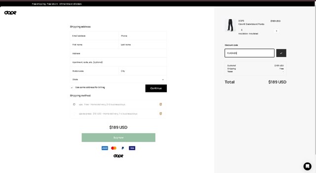 Dope Snow checkout page showing Dope Snow discount code box | Screenshot taken by SimplyCodes community member on Nov 24, 2024