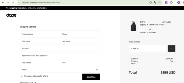 Dope Snow checkout page showing Dope Snow discount code box | Screenshot taken by SimplyCodes community member on Nov 19, 2024