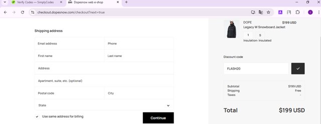 Dope Snow checkout page showing Dope Snow discount code box | Screenshot taken by SimplyCodes community member on Nov 19, 2024