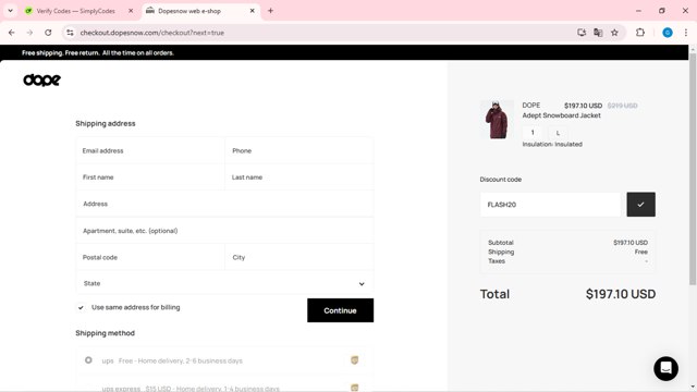Dope Snow checkout page showing Dope Snow discount code box | Screenshot taken by SimplyCodes community member on Nov 24, 2024