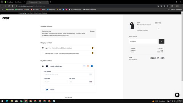 Dope Snow checkout page showing Dope Snow discount code box | Screenshot taken by SimplyCodes community member on Nov 24, 2024