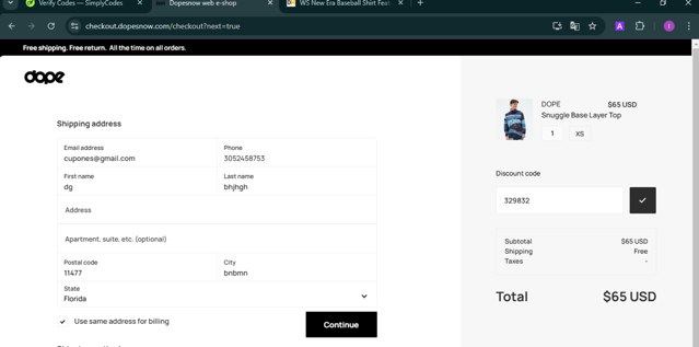 Dope Snow checkout page showing Dope Snow discount code box | Screenshot taken by SimplyCodes community member on Nov 19, 2024