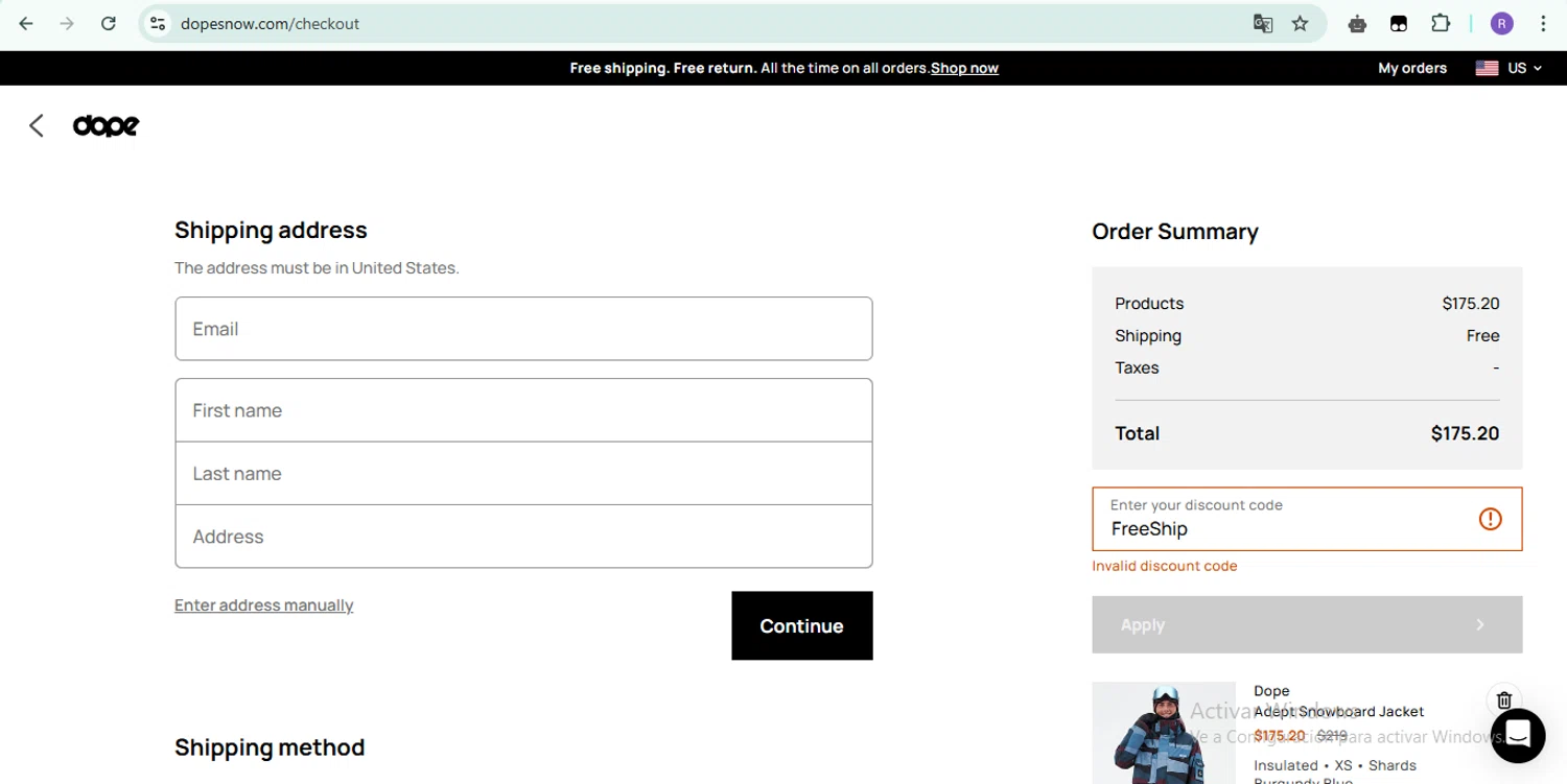 Dope Snow discount code screenshot showing code FreeShip applied at Dope Snow checkout page. Uploaded by SimplyCodes community member ShrewdTiger1887 on Apr 7, 2025