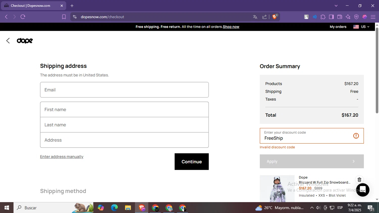 Dope Snow discount code screenshot showing code FreeShip applied at Dope Snow checkout page. Uploaded by SimplyCodes community member CleverSage9163 on Apr 7, 2025