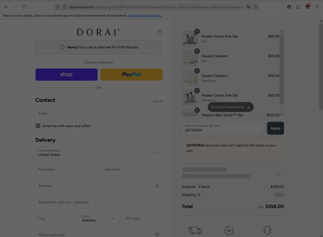 Dorai Home checkout page showing Dorai Home discount code box | Screenshot taken by SimplyCodes community member on Aug 29, 2025