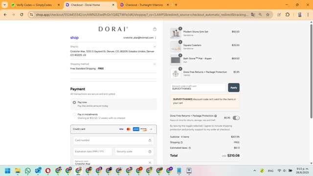 Dorai Home checkout page showing Dorai Home discount code box | Screenshot taken by SimplyCodes community member on Aug 29, 2025