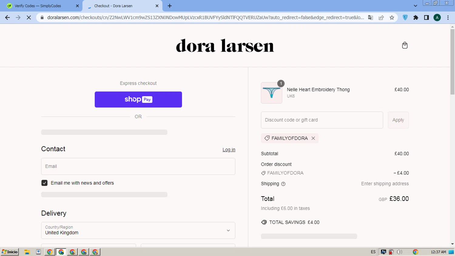 Dora Larsen discount code screenshot showing code FAMILYOFDORA applied at Dora Larsen checkout page. Uploaded by SimplyCodes community member FrugalMaverick6013 on Feb 12, 2025