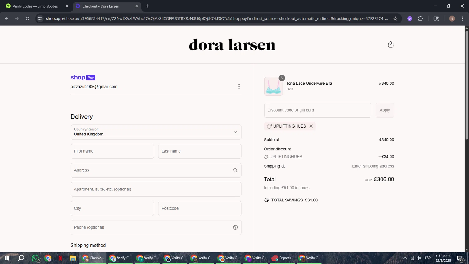 Dora Larsen discount code screenshot showing code UPLIFTINGHUES applied at Dora Larsen checkout page. Uploaded by SimplyCodes community member DiscountPioneer2554 on Jun 22, 2025