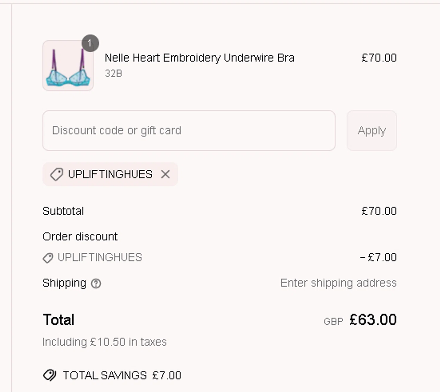 Dora Larsen discount code screenshot showing code UPLIFTINGHUES applied at Dora Larsen checkout page. Uploaded by SimplyCodes community member Netheryno on Mar 18, 2025