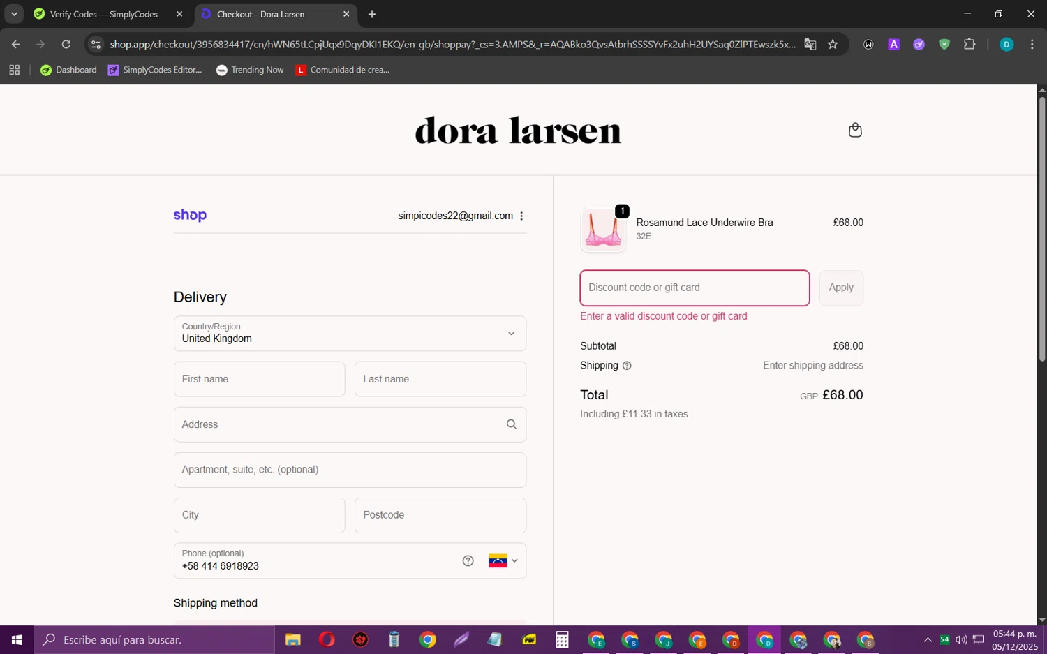 Dora Larsen discount code screenshot showing code BFSHIPPING applied at Dora Larsen checkout page. Uploaded by SimplyCodes community member MagnificentCollector5368 on Dec 5, 2025